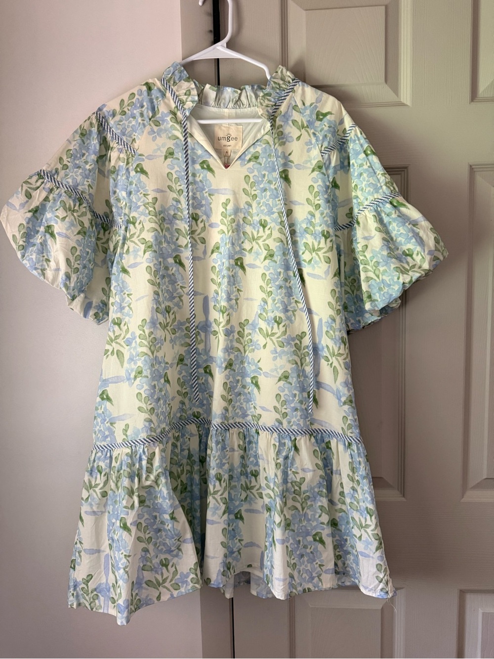 Umgee Cream and Light Blue Floral Ruffle Dress